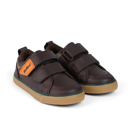 Front ¾ right of Infant Boys Tovni Twin ZigZag Trainers Leather Brown