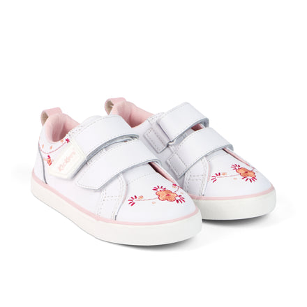 Front ¾ right of Infant Girls Tovni Twin Happy Trainers Leather White