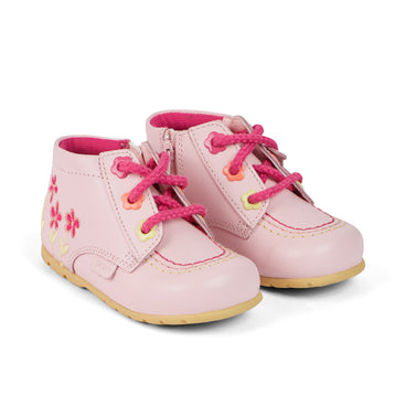 Front ¾ right of Baby Kick Hi Flower Boots Leather Pink