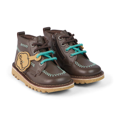 Front ¾ right of Infant Boys Kick Hi ZigZag Boots Leather Brown