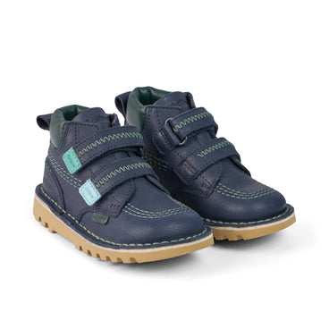 Front ¾ right of Infant Boys Kick Hi Roll ZigZag Boots Leather Navy
