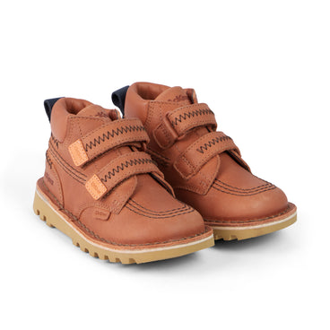 Front ¾ right of Infant Boys Kick Hi Roll ZigZag Boots Leather Tan