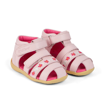Front ¾ right of Baby Wriggle Flower Sandals Leather Pink