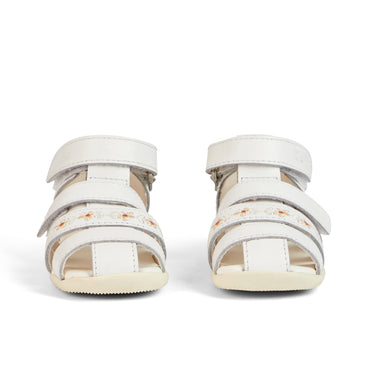 Front view of Baby Wriggle Flower Sandals Leather White