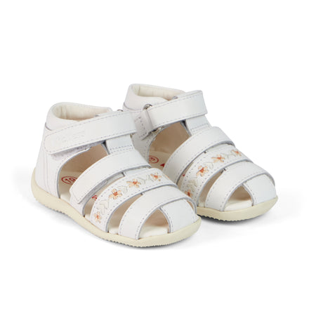 Front ¾ right of Baby Wriggle Flower Sandals Leather White