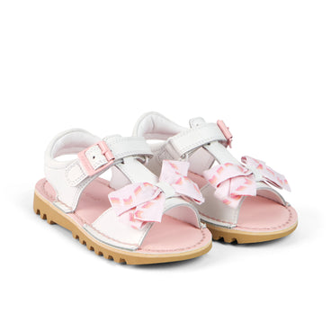 Front ¾ right of Infant Girls Kick Bow Sandals Leather White