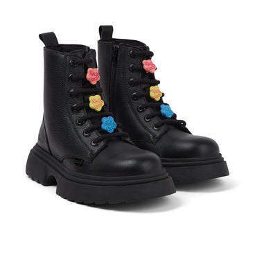 Front ¾ right of Junior Girls Kenzi Boot Charm Leather Black