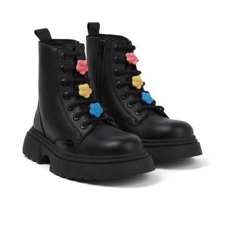 Front ¾ right of Junior Girls Kenzi Boot Charm Leather Black