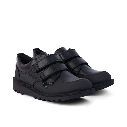 Front ¾ right of Junior Boys Kick Scuff Twin Leather Black