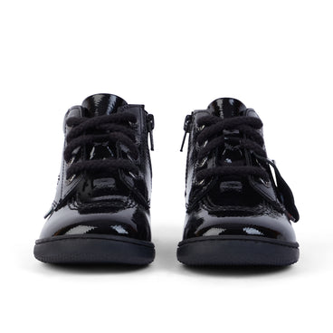 Front view of Infant Unisex Playflex Hi Crinkle Patent Leather Black