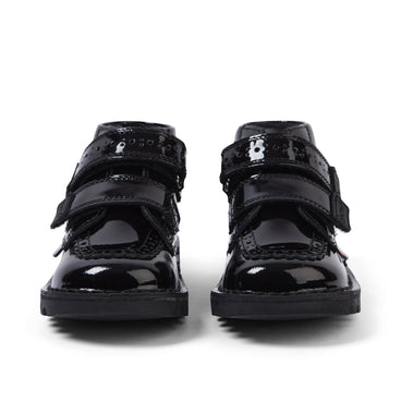 Front view of Infant Girls Kick Hi Vel Brogue Patent Leather Black