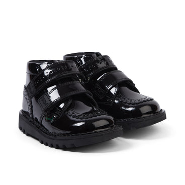 Front ¾ right of Infant Girls Kick Hi Vel Brogue Patent Leather Black
