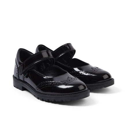 Front ¾ right of Junior Girls Lachly MJ Brogue Patent Leather Black