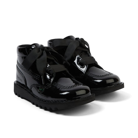 Front ¾ right of Junior Girls Kick Hi Ribbon Patent Leather Black