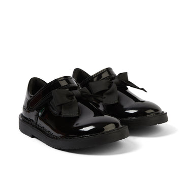 Front ¾ right of Infant Girls Adlar T Bar Bow Patent Leather Black