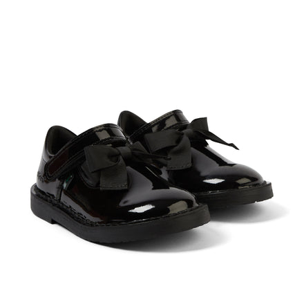 Front ¾ right of Infant Girls Adlar T Bar Bow Patent Leather Black