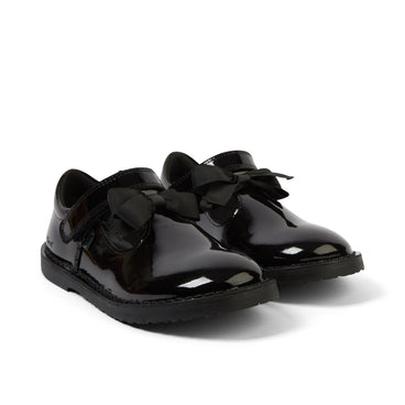 Front ¾ right of Junior Girls Adlar T Bar Bow Patent Leather Black