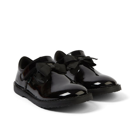 Front ¾ right of Junior Girls Adlar T Bar Bow Patent Leather Black