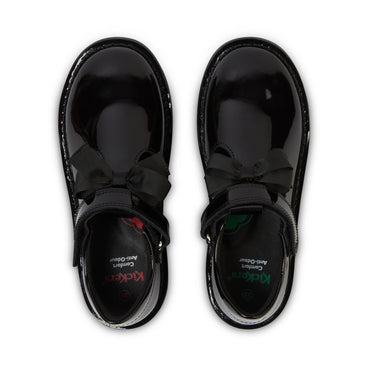 Detail view (Top view mapped) of Junior Girls Adlar T Bar Bow Patent Leather Black