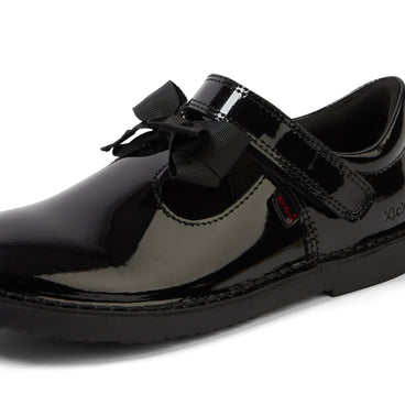 Detail view (close-up) of Junior Girls Adlar T Bar Bow Patent Leather Black