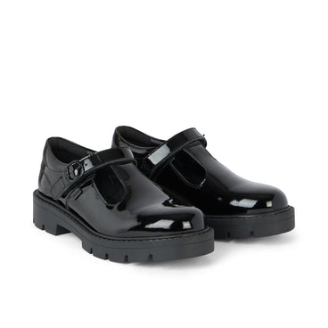 Front ¾ right of Junior Girls Kori T Bar Patent Leather Black