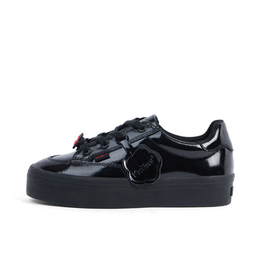 Left side view of Junior Girls Tovni Stack Lo Flower Patent Leather Black