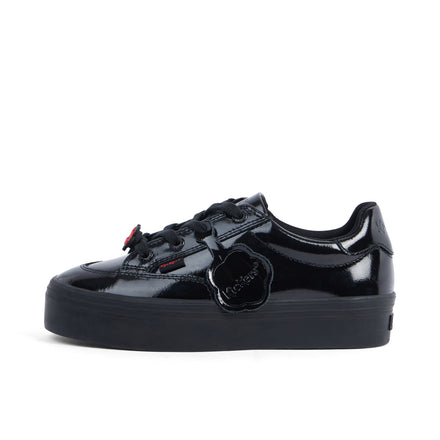 Left side view of Junior Girls Tovni Stack Lo Flower Patent Leather Black