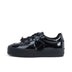 Left side view of Junior Girls Tovni Stack Lo Flower Patent Leather Black