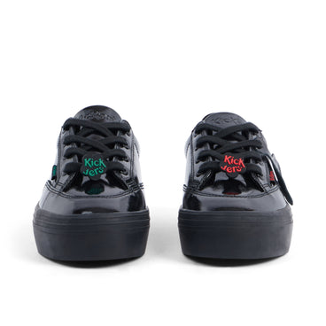 Front view of Junior Girls Tovni Stack Lo Flower Patent Leather Black