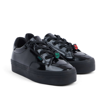 Front ¾ right of Junior Girls Tovni Stack Lo Flower Patent Leather Black