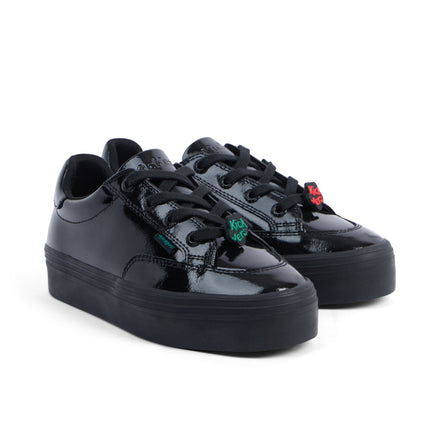 Front ¾ right of Junior Girls Tovni Stack Lo Flower Patent Leather Black