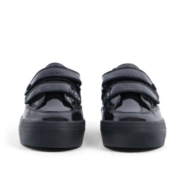 Front view of Junior Girls Tovni Stack Lo Vel Patent Leather Black