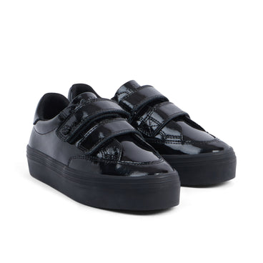 Front ¾ right of Junior Girls Tovni Stack Lo Vel Patent Leather Black