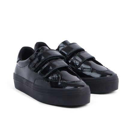 Front ¾ right of Junior Girls Tovni Stack Lo Vel Patent Leather Black