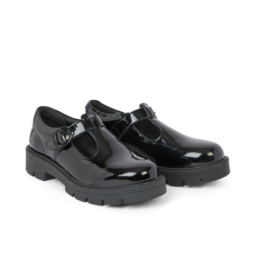 Front ¾ right of Adult Womens Kori T Bar Patent Leather Black