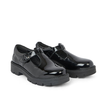 Front ¾ right of Adult Womens Kori T Bar Patent Leather Black