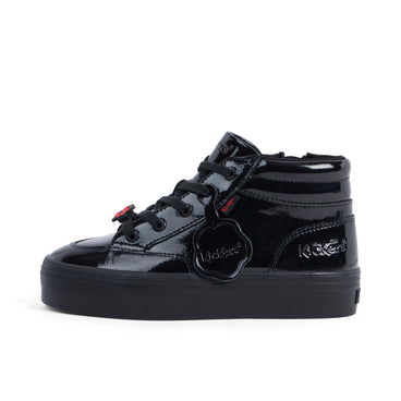 Left side view of Junior Girls Tovni Stack Hi Flower Patent Leather Black