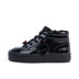 Left side view of Junior Girls Tovni Stack Hi Flower Patent Leather Black