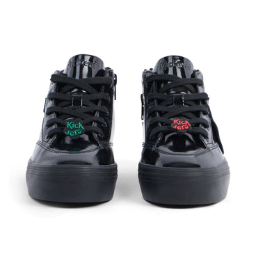 Front view of Junior Girls Tovni Stack Hi Flower Patent Leather Black