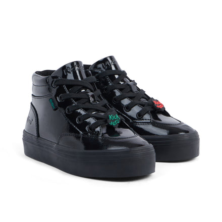 Front ¾ right of Junior Girls Tovni Stack Hi Flower Patent Leather Black