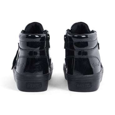 Back view of Junior Girls Tovni Stack Hi Flower Patent Leather Black