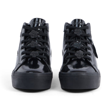Front view of Youth Womens Tovni Stack Hi Flower Patent Leather Black