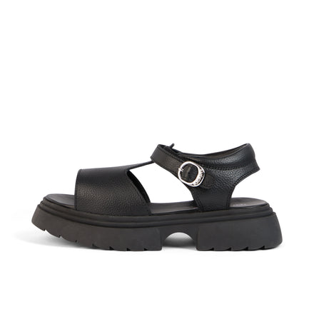 Left side view of Youth Womens Kenzi Leather Sandals Black