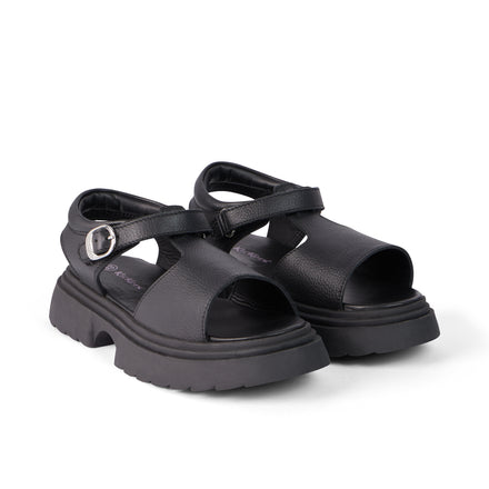 Front ¾ right of Youth Womens Kenzi Leather Sandals Black