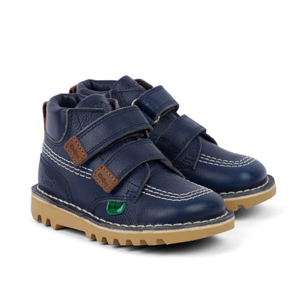 Front ¾ right of Infant Unisex Kick Hi Roll Leather Navy