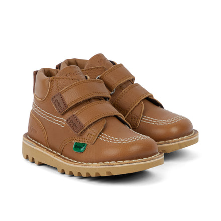 Front ¾ right of Infant Unisex Kick Hi Roll Leather Tan