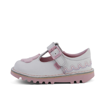 Left side view of Infant Girl's T-Bar Wave Leather White
