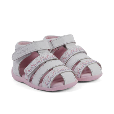 Front ¾ right of Baby Wriggle Wave Sandals Leather White
