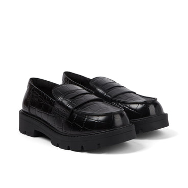 Front ¾ right of Adult Female Kori Loafer Croc Leather Black