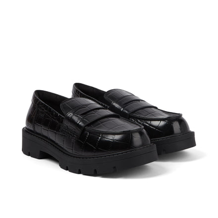 Front ¾ right of Adult Female Kori Loafer Croc Leather Black